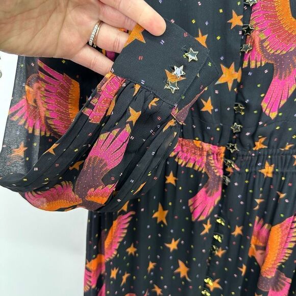 Farm Rio Women’s Black Pink Macaw Bird Orange Stars 3D Star Buttons Midi Dress - Picture 10 of 13